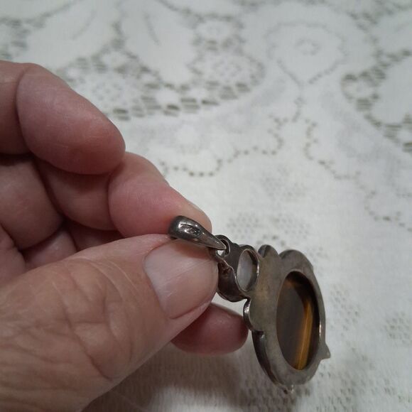 Vintage 925 Silver Real Tiger Eye & Moonstone Gemstone Oval Pendant Boho Hippie - Picture 2 of 16